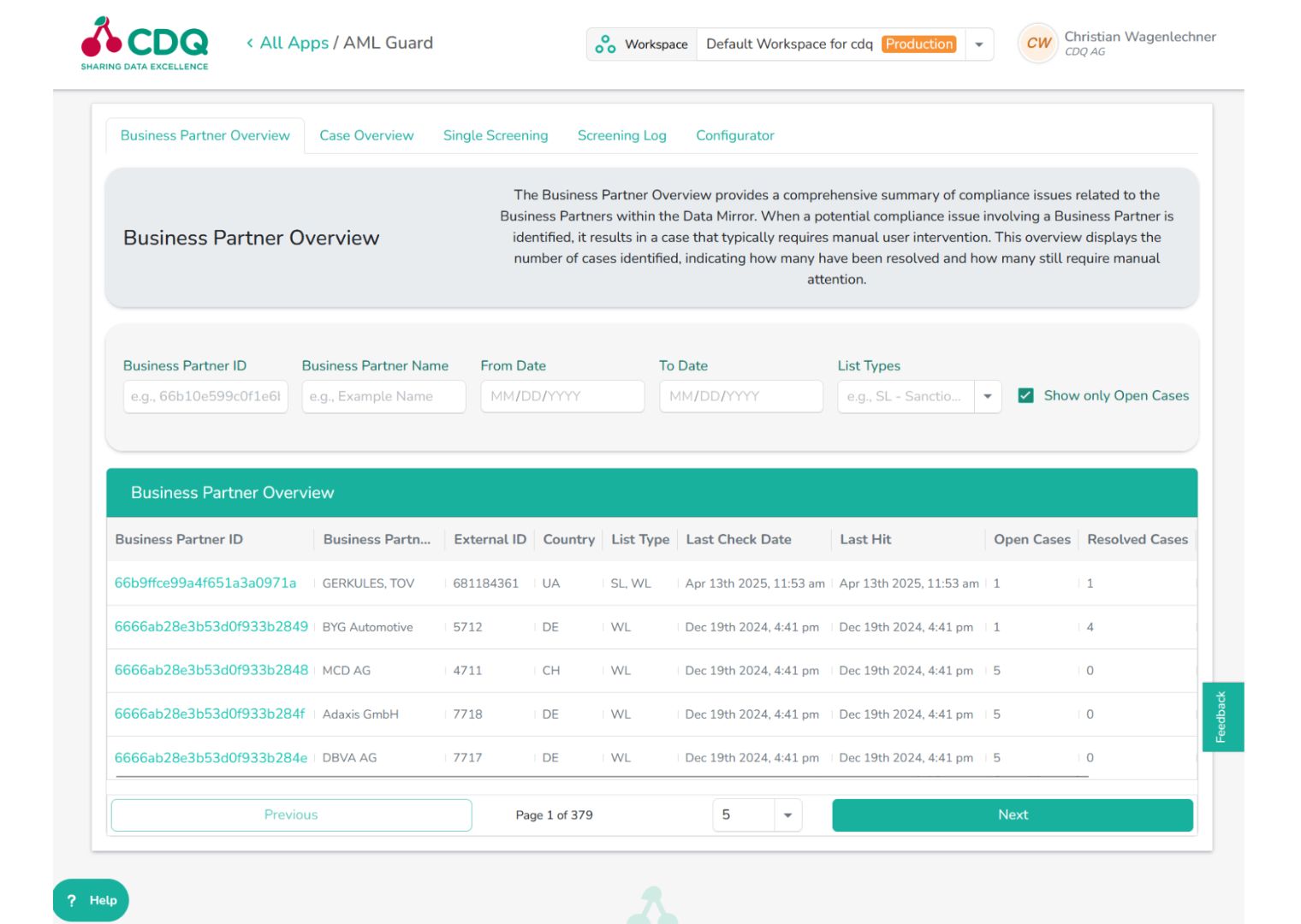 Business Partner Overview in CDQ AML Guard